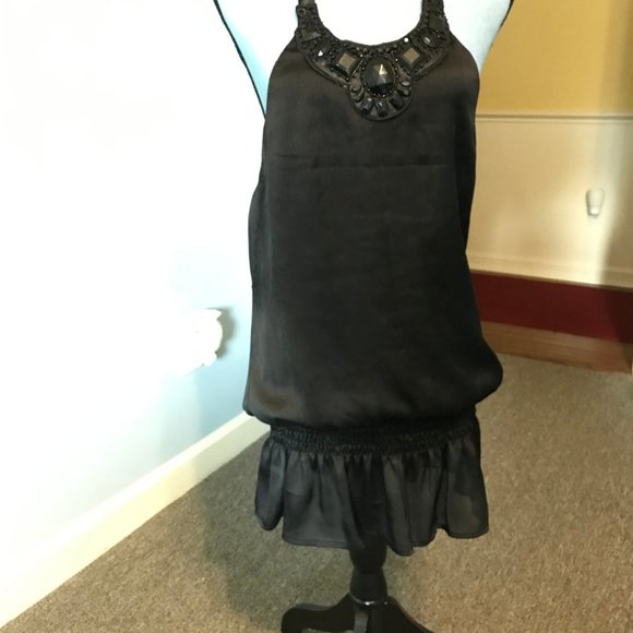 NEW 6 DEGREES JUNIORS MEDIUM BLACK HALTER NECK TOP TANK SHIRT BEADED JEWELS - Picture 2 of 4